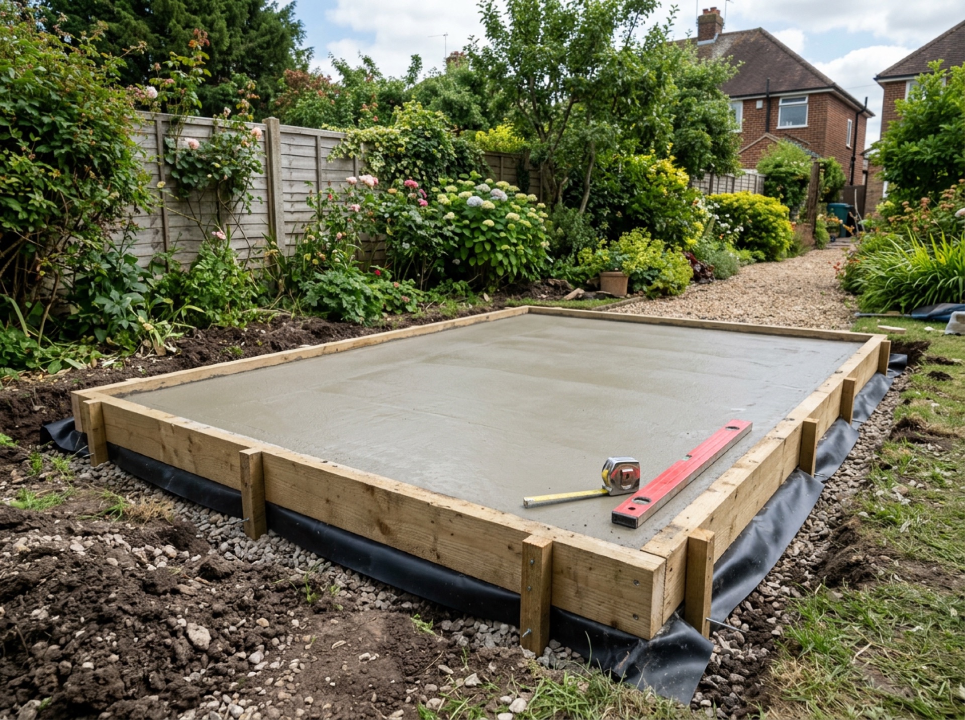 A level concrete base with timber formwork prepared for a garden building