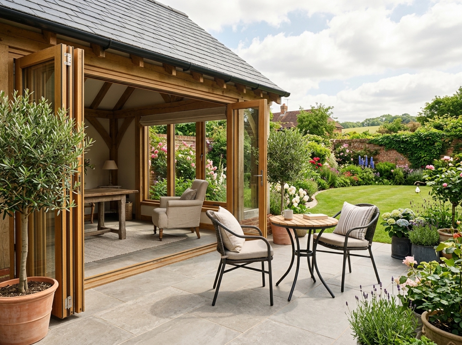 Glazed bifold doors folded open from a garden room onto a porcelain patio