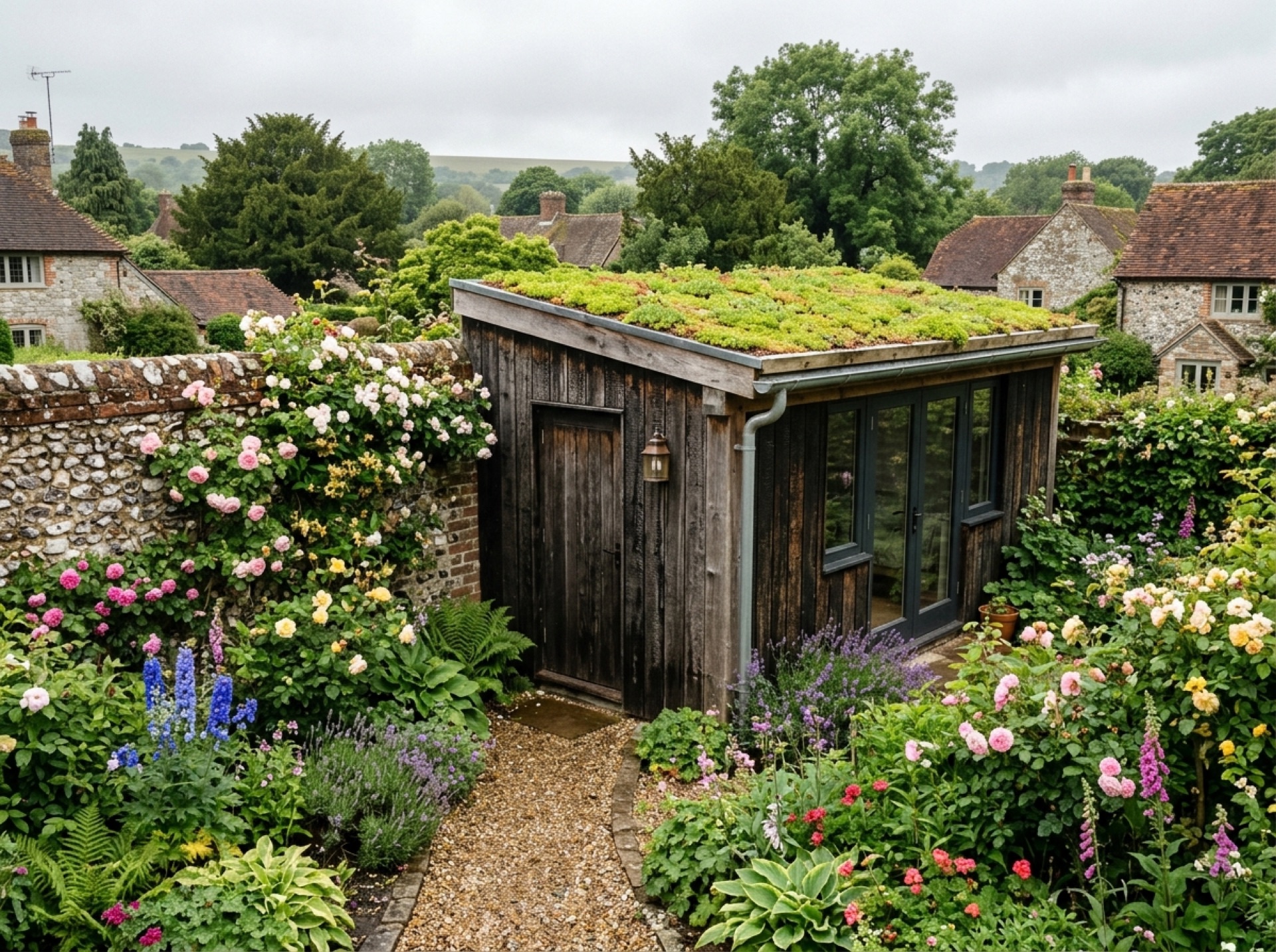 Small garden room with a green sedum roof beside a flint-and-brick wall in a village garden