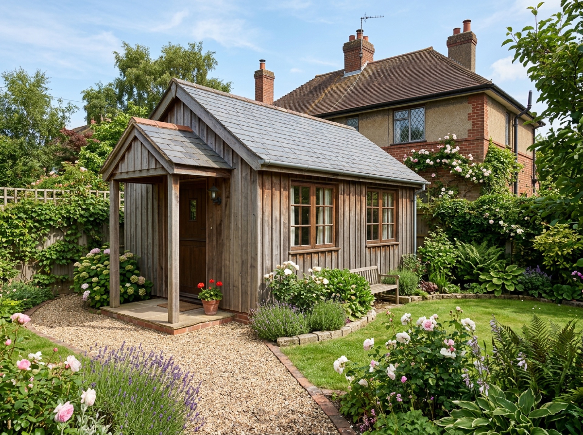 Timber-clad garden annexe with a covered porch in the back garden of a 1930s house