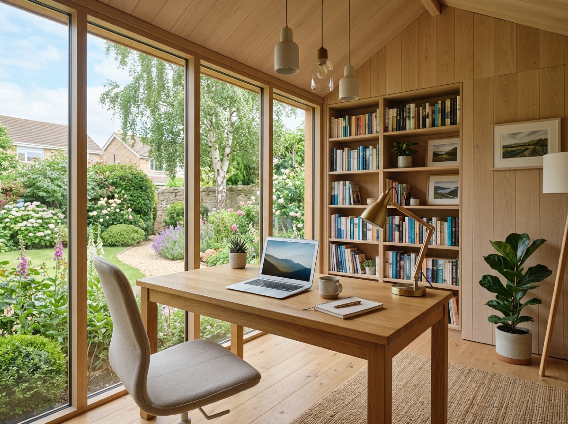 Garden office interior with an oak desk facing full-height glazing onto the garden