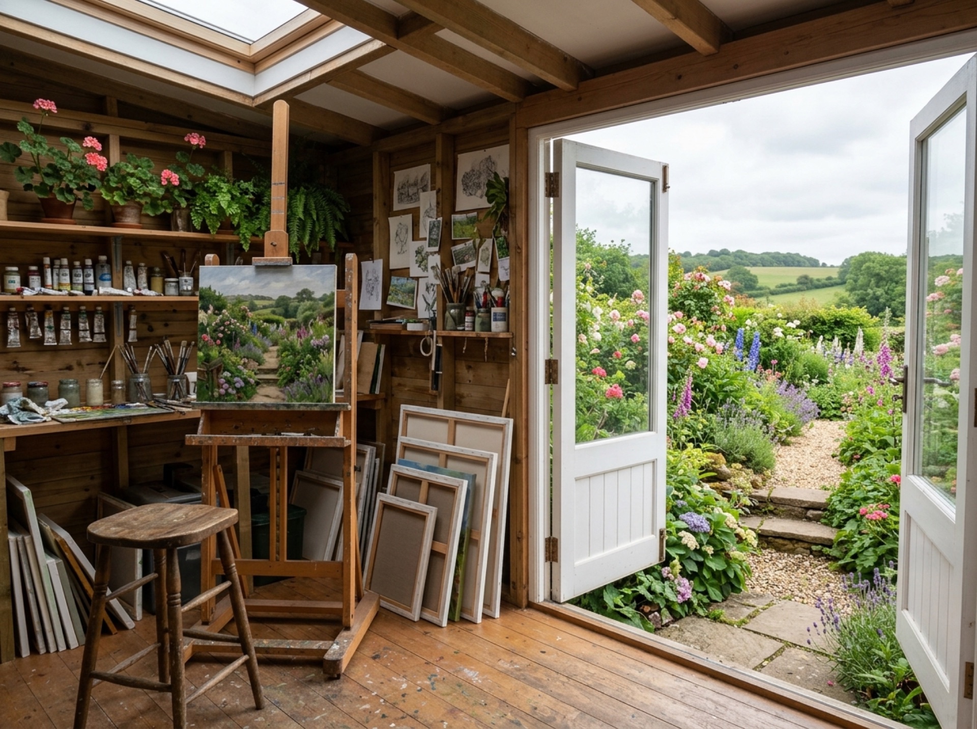 Garden studio used as an artist's space with an easel, canvases and doors open to the garden