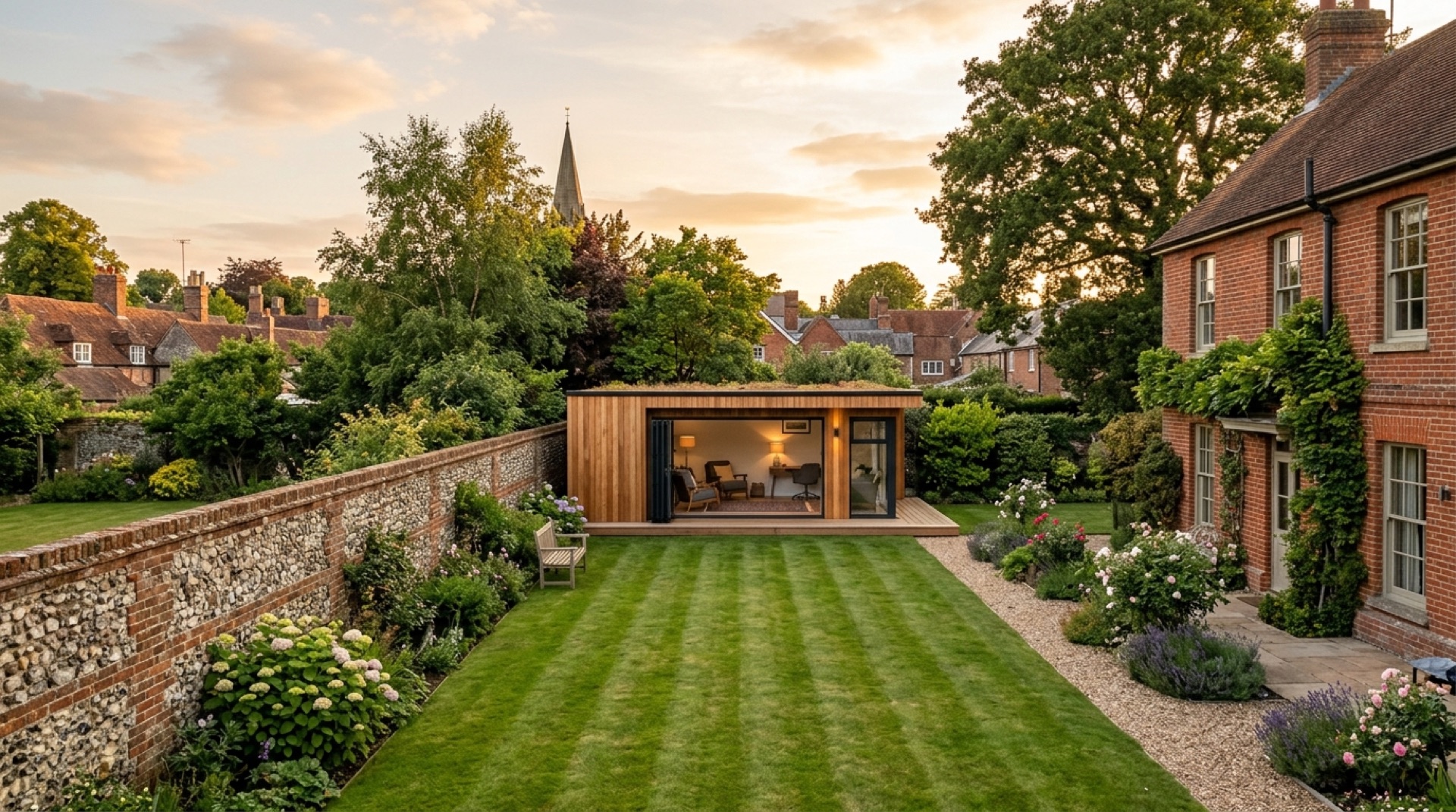 Cedar-clad garden room with glazed doors at the end of a lawn behind a red-brick house, with a flint garden wall