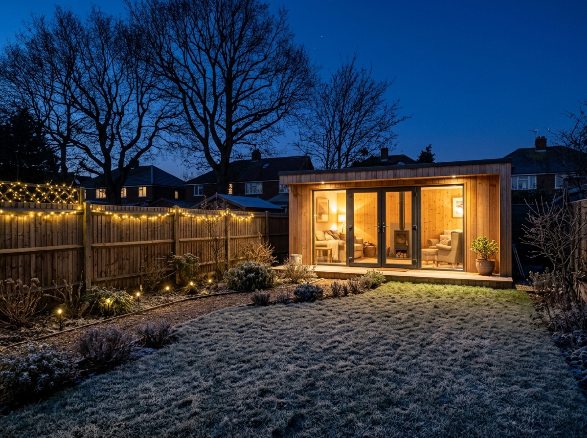 Garden room lit warmly from inside on a frosty winter evening